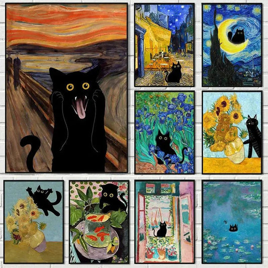 Black Cat and Van Gogh Canvas Art Rare Vault Co.